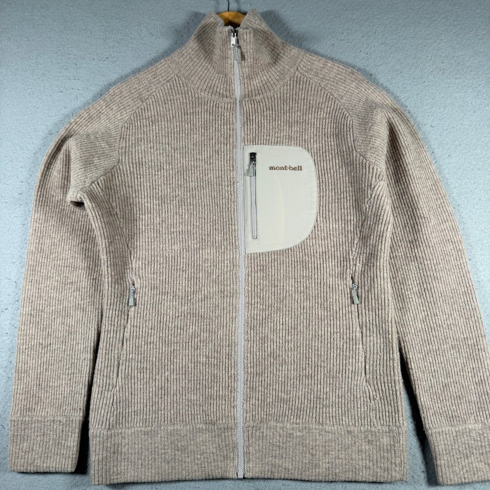Montbell Mittellegi Wool Full Zip‎ Ribbed Sweater Beige XL 1106506 Elbow Patches